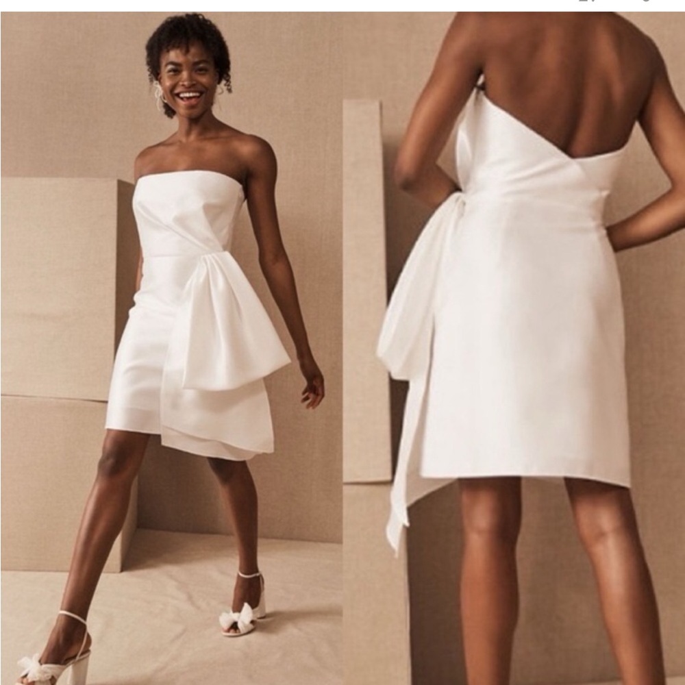 Sachin + Babi White Strapless Bow-Accent Mini Wedding Dress